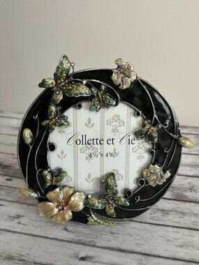 Collette et Cie Genuine Crystal Picture Frame 3D Butterfly Flowers Round Small